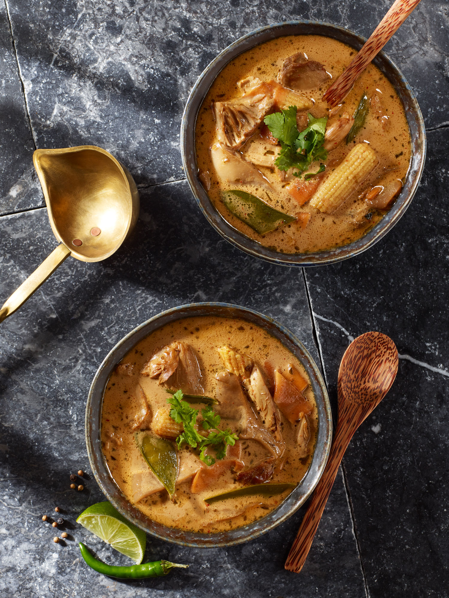 Tom Kha Gai Hühnersuppe mit Kokosmilch, Austernpilzen und frischem Koriander.