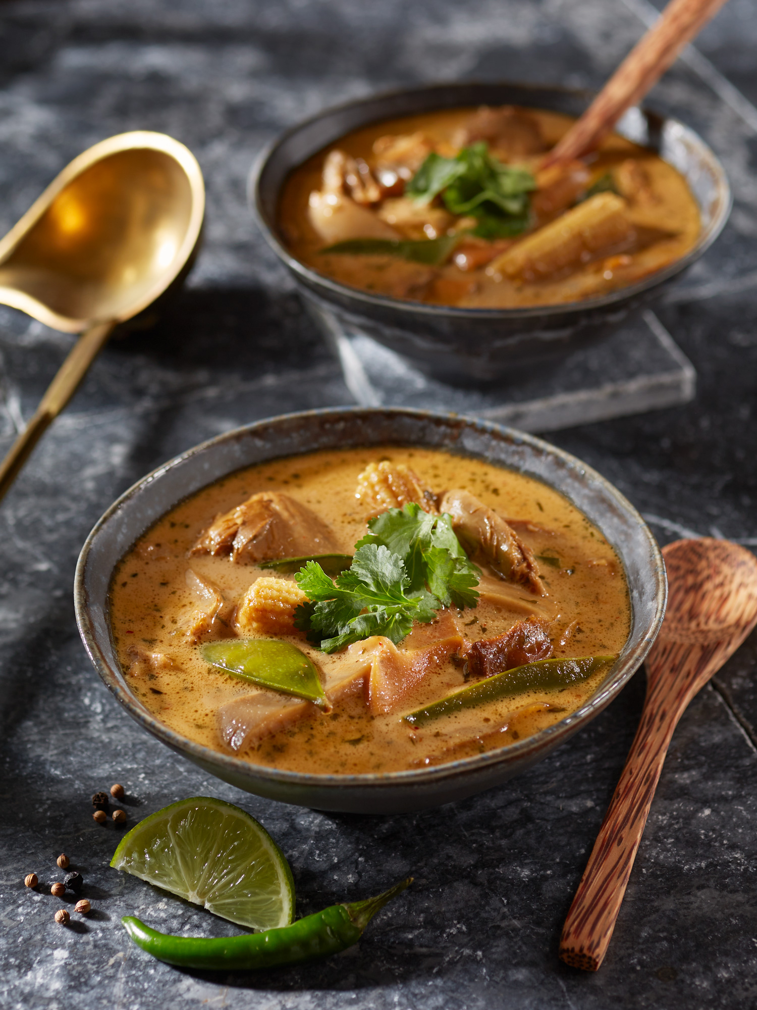 Thailändische Tom Kha Gai Hühnersuppe mit Kokosmilch und Austernpilzen.