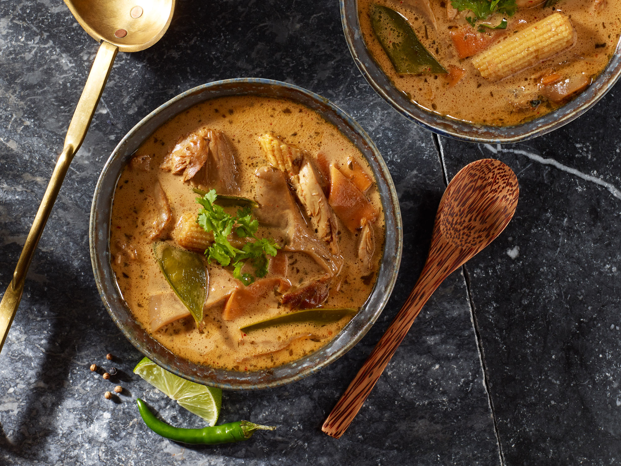 Thailändische Hühnersuppe mit Kokosmilch, Austernpilzen und frischem Koriander.