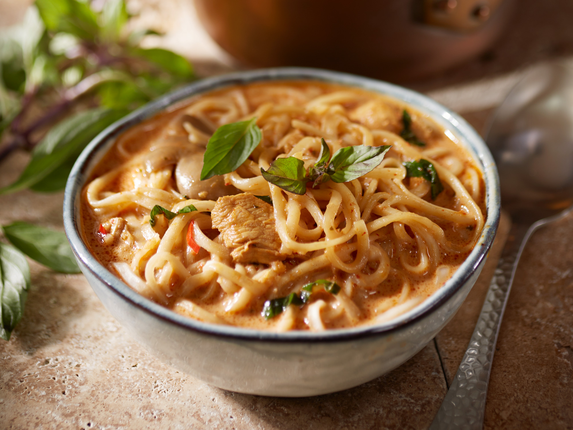 Nahaufnahme einer asiatischen Hühnersuppe mit Austernpilzen und Kokosmilch, garniert mit thailändischem Basilikum.