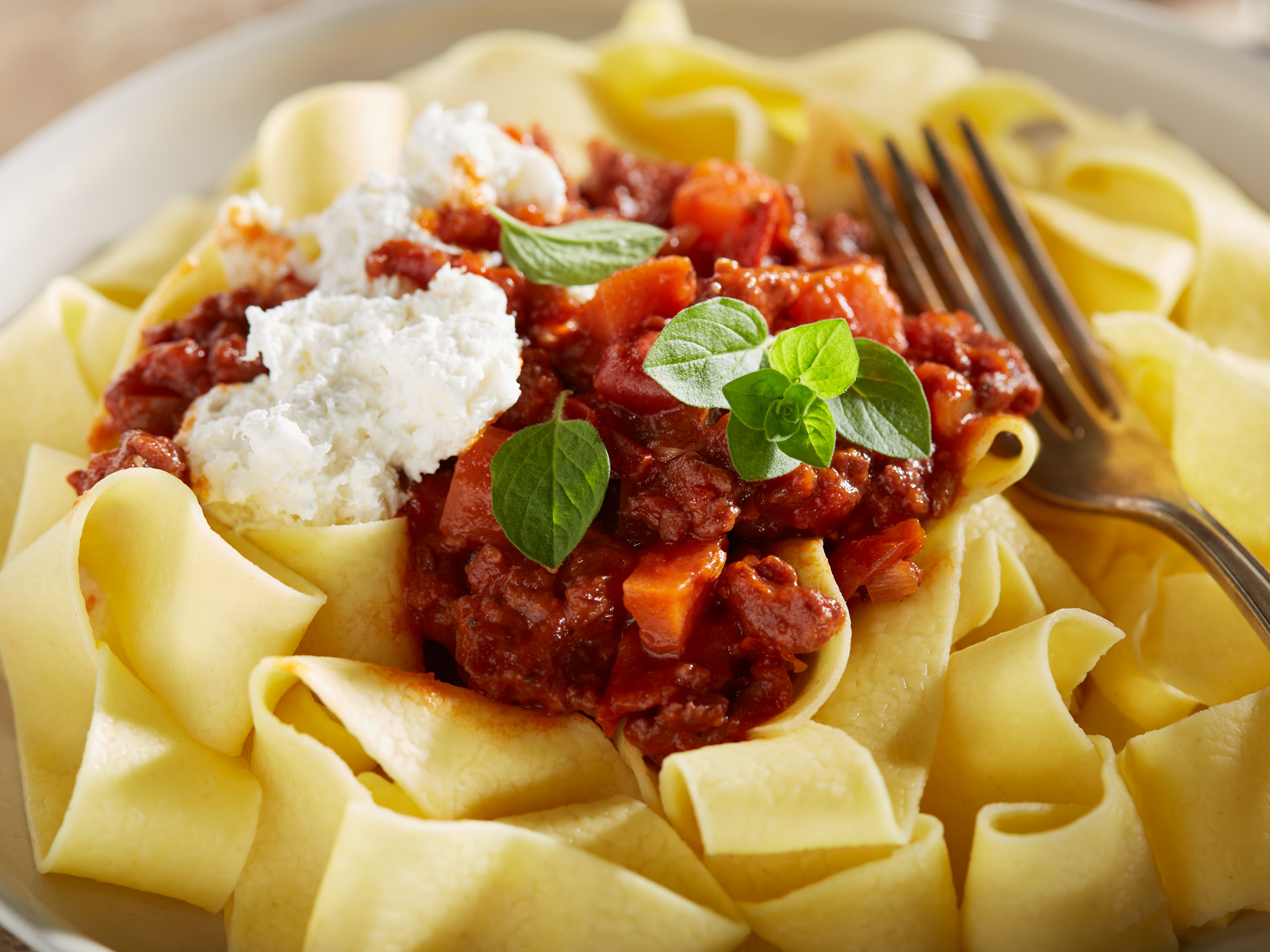 Nahaufnahme von Papardelle mit Salsiccia Ragout, Burrata und frischem Oregano.