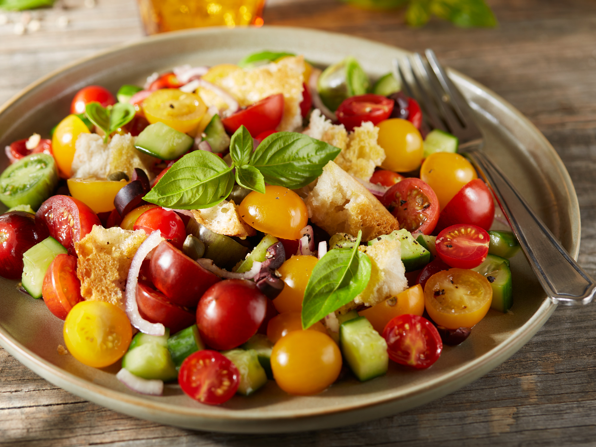 Nahaufnahme eines Panzanella Brotsalates aus der Toskana mit gemischten Tomaten, Gurken, schwarzen Oliven und dazu frisches Basilikum.